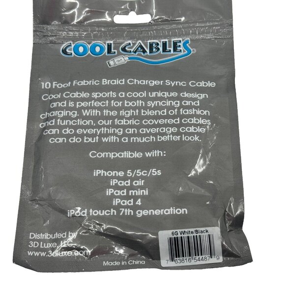 COOL CABLES 10 Foot Fabric Braid Charger Sync Cable iPhone 5/5c/5s - Picture 2 of 3